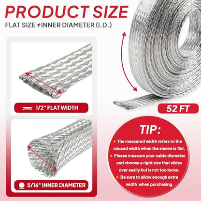1/2" Wide Tinned Copper Braided Metal Wire Shielding Sleeve Ground Strap Automotive Flat Mesh Flexible Expandable Sheath (12mm ID-52ft) - size: 1/2 in Wide(0.32 in Dia)-52ft