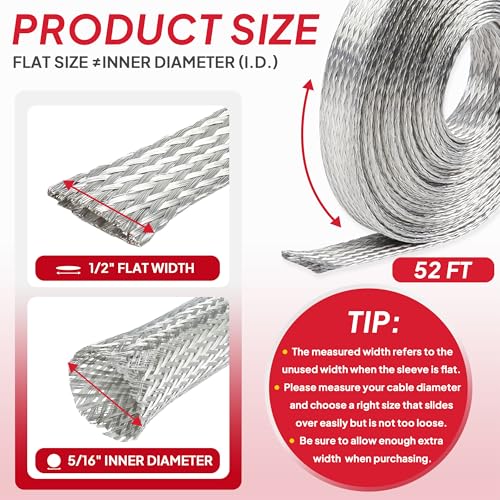 1/2" Wide Tinned Copper Braided Metal Wire Shielding Sleeve Ground Strap Automotive Flat Mesh Flexible Expandable Sheath (12mm ID-52ft) - size: 1/2 in Wide(0.32 in Dia)-52ft