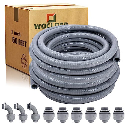 Liquid-Tight Conduit - 1inch 50 Foot Flexible Non Metallic Liquid Tight Electrical Conduit Kit, with 6 Straight and 3 Angle Fittings Included. 1" Dia - size: 1inch 50Ft