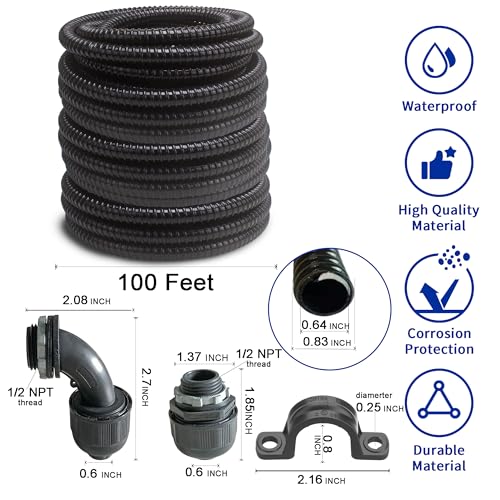 (1/2" Dia * 100 Feet) Yariwiz Black Special Extra Flexible Electrical Conduit Liquid Tight PVC Conduit Kit with 5 PCS Coupling, 5 PCS Elbow and 10 PCS Strap, Sealtight Seal Flex Liquidtight Wire - style: 1/2 inch-100ft-Kit