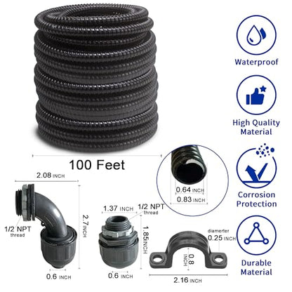 (1/2" Dia * 100 Feet) Yariwiz Black Special Extra Flexible Electrical Conduit Liquid Tight PVC Conduit Kit with 5 PCS Coupling, 5 PCS Elbow and 10 PCS Strap, Sealtight Seal Flex Liquidtight Wire - style: 1/2 inch-100ft-Kit