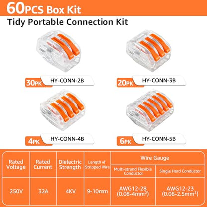 GreenCycle 60PCS Lever Wire Connectors, Quick Wire Splice Connectors Push-in, 2/3/5 Transparent Housing Conductor Combination Kit with 2, 3, 5 Port, 28-12 AWG,for Home Lighting & Car Audio - size: 60PCS, style: 1/2/3/4/5P Box Kit