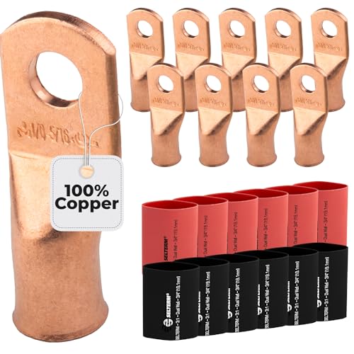 SELTERM 10pcs, 1/0 Awg, 5/16" Stud Bare Copper Lugs Terminal Connectors - color: Bare Copper Lugs + Heat Shrinks, size: 1/0 Awg - 5/16" (M8) Ring
