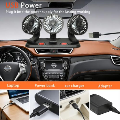 USB Triple Head Car Cooling Fan, 5V Brushless Motor, 2 Speeds, 360° Rotation, Dashboard Mount, for Cars, SUVs, Trucks, RVs & Desk Use - color: three heads-5V