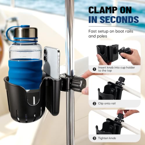 Boat Rail Cup Holder with Phone Slot, Clamp-On Mount for 0.6-1.57 in Rails