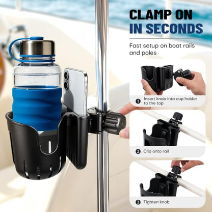 Boat Rail Cup Holder with Phone Slot, Clamp-On Mount for 0.6-1.57 in Rails