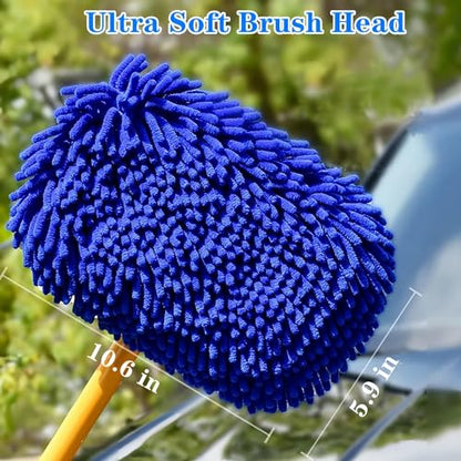 43'' Car Wash Brush with Long Handle Chenille Microfiber Car Wash Kit Mitt Retractable Bent Pole Car Wash Mop for Cars RV Truck Boat (Blue-1) - color: Blue-1
