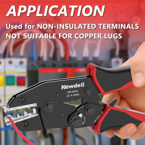 Newdeli Wire Crimping Tool for Non Insulated Butt Wire Connectors - AWG 22-6 Ratchet Wire Crimper Tool Electrical Non Insulated Ring Terminals Ratcheting Crimping Plier Crimp Tool - style: ND-0516 for non-insulated connectors