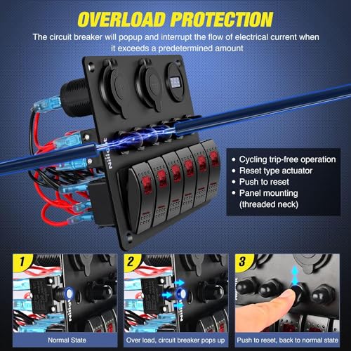 Nilight 6 Gang Rocker Switch Panel On Off with Resettable Circuit Breaker - color: Red, size: 6+3 Gang Dual USB