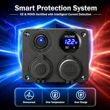 Linkstyle 4 in 1 Car Charger Panel, 4.2A Dual USB A Charger Port, Cigarette Lighter Socket with LED Voltmeter & Rocker Switch for 12V/24V Marine Boat RV Truck - color: 4 in 1 Charger Socket Panel
