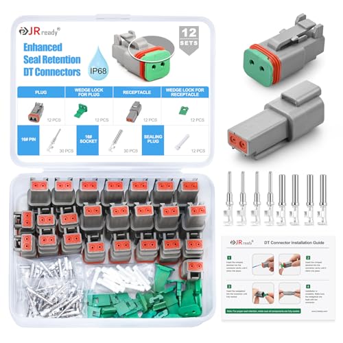 JRready 120 Pcs 2 Pin Deutsch DT Connector Kit 12 Sets, Gray Waterproof Wire Connectors, Size 16 Contacts with Tin-Plated Wire Barrels, Seal Plugs, 14-18 AWG for Car Truck Marine Wiring - size: 2-Pin (12 Pairs)