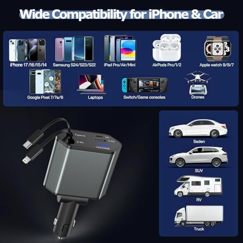 66W Retractable Car Charger Fast Charging,4 in 1 Car Charger USB Fast Charge with Retractable USB C Cable + Lightning Cable,USB C Port and USB A Port Car Phone Charging for iPhone 17/16/15/14/13,iPad