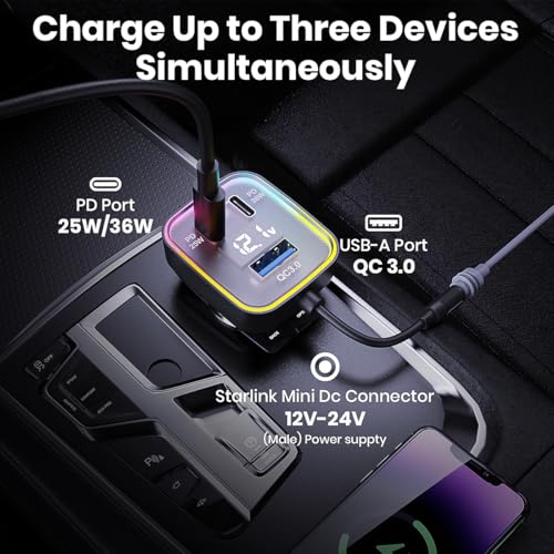 4-in-1 Starlink Mini Car Charger Adapter | 12V-24V Cigarette Lighter to DC5521 + QC3.0 USB-A + Dual USB-C PD (25W & 36W) | Compatible with Starlink Mini & Other Devices (Car Charger with DC Port)