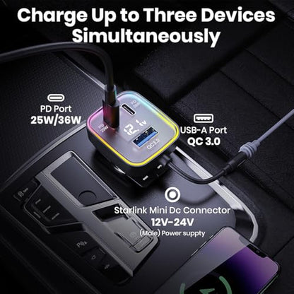4-in-1 Starlink Mini Car Charger Adapter | 12V-24V Cigarette Lighter to DC5521 + QC3.0 USB-A + Dual USB-C PD (25W & 36W) | Compatible with Starlink Mini & Other Devices (Car Charger with DC Port)