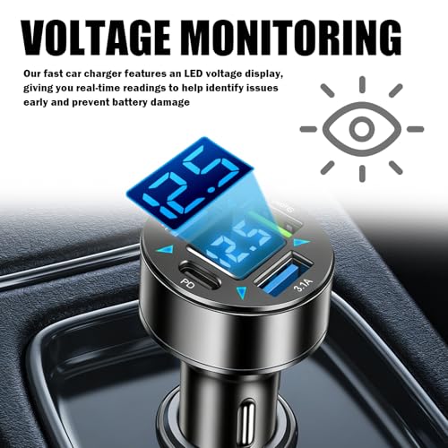 4 Ports Car Charger Adapter,12V/24V Car Cigarette Lighter USB Charger Including 3.1A/PD/Super Fast Charging Ports,Upgraded Cars Phone Chargers with LED Voltage Display & Soft Light