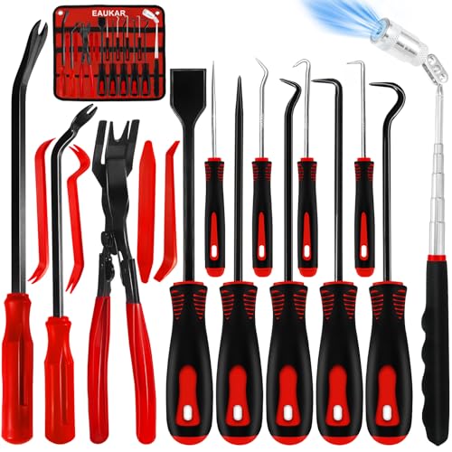 17Pcs Hook and Pick Tool Set with Scraper Auto Clip Removal Plier Fastener Remover Rivets Puller Mechanic Car Trim Removal Tool Kit Gasket Telescoping Magnetic Pickup Hand Automotive Tools (Red) - color: Red- 17 Pcs Auto Pick and Hook Set