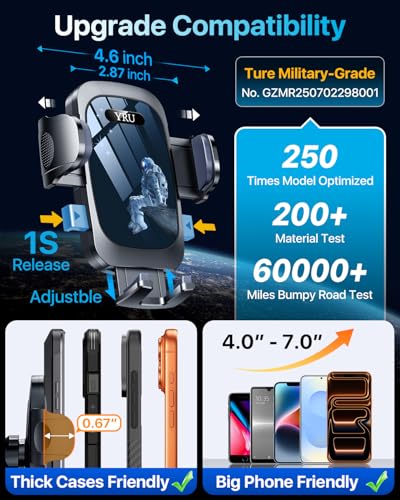 YRU [True Upgrade for Safety Car Phone Holder Mount [Patent & Military-Grade] Dashboard Cell Phone Holder for Car Vent Windshield Phone Stand for iPhone 17 16 15 14 Pro Max Truck Samsung, Black Blue - color: Black Blue
