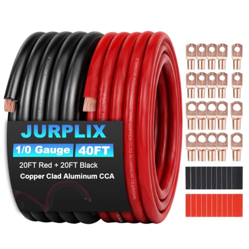 1/0 Gauge Wire 1/0 AWG Battery Cable (20FT Red+20FT Black), Copper Clad Aluminum CCA Amp Wiring Kit, Automotive Wire with Terminals Connectors, for Car Audio Speaker, Marine, RV Trailer - color: 40FT Wire