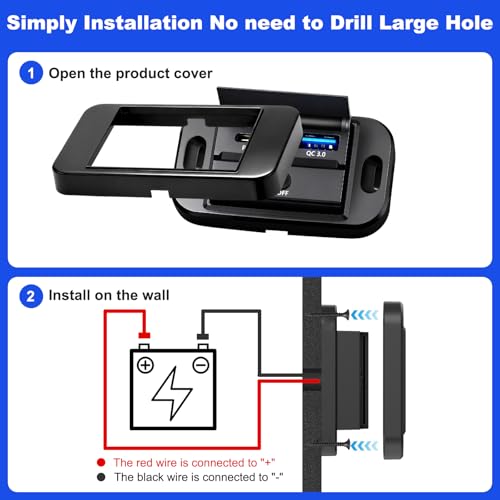 12V Flush Mount USB Charger with Power Switch, Multi-Port Car Charger for RV, Boat, Car, Bus, ATV, Motorcycle - Panel Mount Charging Accessories (PD+QC)
