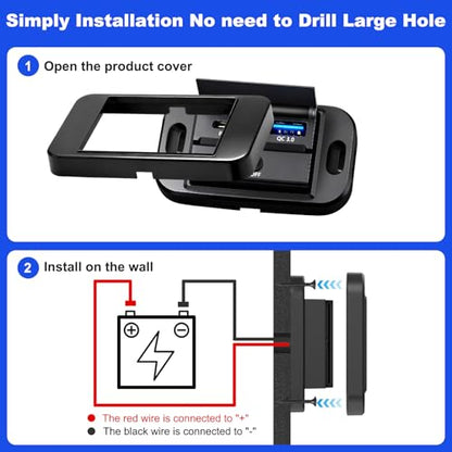 12V Flush Mount USB Charger with Power Switch, Multi-Port Car Charger for RV, Boat, Car, Bus, ATV, Motorcycle - Panel Mount Charging Accessories (PD+QC)