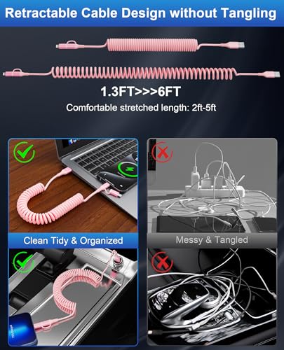 USB to Lightning and USB C Cable 2 in 1 Coiled Pink iPhone Charger - Pink Car Charger Lightning USB C Combo Cable Support Apple Carplay & Android Auto & Data, for iPhone 16 15 14 13 12 11 Android - color: Pink