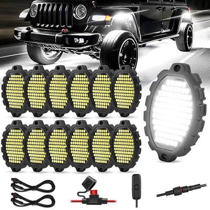 12 Pods 1116LEDs Metal White Rock Lights with Switch Wiring Harness - size: 12 pods