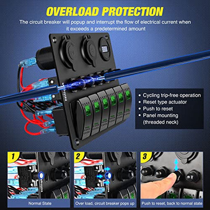 Nilight 6 Gang Rocker Switch Panel On Off Toggle Resettable Circuit Breaker - color: Green, size: 6+3 Gang Dual USB