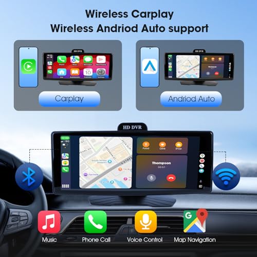 Haudio 10.26" Portable Wireless Apple CarPlay Screen for Car, Wireless Android Auto Touch Screen with 1080P Dash Cam & Backup Camera, GPS Navigation, Bluetooth 5.0, Voice Control, FM, Plug and Play - size: 10.26 inch