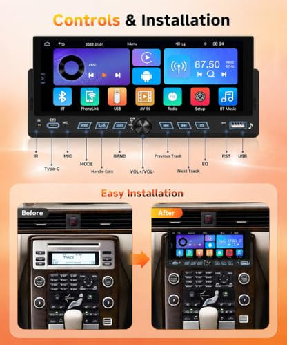 Rimoody 6.86" Single Din Car Stereo with Wireless CarPlay and Android Auto - style: 6.86 inch with Volume Knob and physical control buttons
