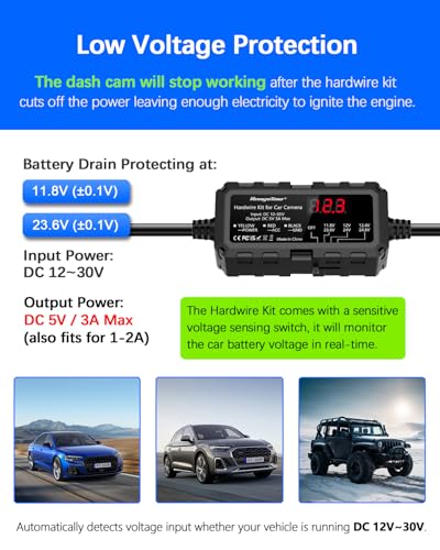 Dash Cam Hardwire Kit USB-C with LED Screen, 12V-30V to 5V 3A 4m/13.12ft Hardwire Kit Adjustable Low Voltage Protection 24H Parking Monitoring Hardwire Power Cable with 8 Fuse Adapter