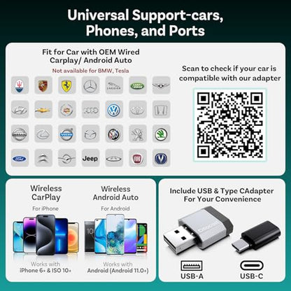 OTTOCAST Mini Nova Wireless CarPlay & Android Auto Adapter, 2-in-1 Convert Wired to Wireless, Plug & Play, Fast Auto Reconnect, Compact Mini Design for iPhone iOS 10+ & Android 11+