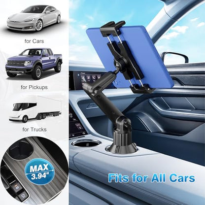 Cup Holder Car Tablet Mount for Truck, Ipad Cup Holder Car Mount with 15" Adjustable Arm Stand for Tablet iPhone 4.7-13in, iPad Pro Air Mini, Fire, iPhone 16 15, Galaxy S25 S24 Z Fold 6 5