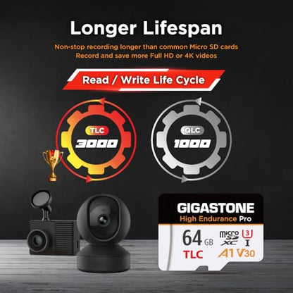 【5 Yrs Free Data Recovery】【Dash Cam】 GIGASTONE 64GB Micro SD Card 2-Pack, TLC High Endurance Pro, Speed Up to 95MB/s, Compatible with REDTIGER Rove VIOFO VANTRUE PRUVEEO, MicroSDXC UHS-I A1 V30 U3 - color: 64GB High Endurance Pro 2-Pack