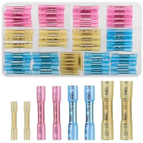 100 Pcs Heat Shrink Butt Connectors Kits, 10-26 AWG Butt Splice Electrical Wire Connectors Kit, Insulated Waterproof Marine Automotive Crimp Terminals Butt Splice Terminals Connectors