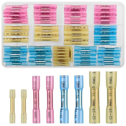 100 Pcs Heat Shrink Butt Connectors Kits, 10-26 AWG Butt Splice Electrical Wire Connectors Kit, Insulated Waterproof Marine Automotive Crimp Terminals Butt Splice Terminals Connectors