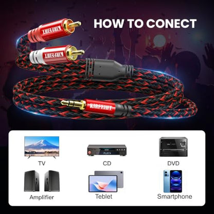 KIRFEIHT RCA to 3.5mm Audio Cable - 25FT AUX OFC Core Cord RCA Cables with Nylon Braided 1/8 Gold-Plated Connectors for Smartphones, Tablets, Speakers, HDTV, Amplifiers - Red & Black - size: 25FT, style: 2RCA TO 3.5MM