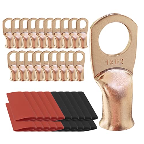 10pcs 1 AWG-1/2 Ring Battery Lugs, Copper Lugs, Battery Cable Ends, Tubular Ring Terminals, Crimp Wire Ring Lugs, Battery Terminal Connectors with Heat Shrink Tubing (10, 1 Awg - 1/2" (M12) Ring) - size: 1 Awg - 1/2" (M12) Ring