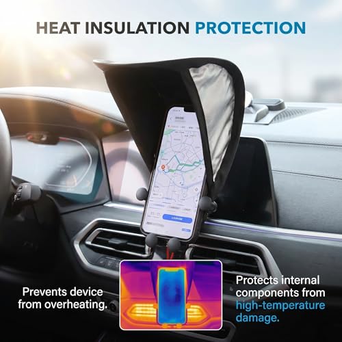 Car Cell Phone Sun Shade, Reflective Anti-glare & Heat Shield for Most Smartphones, Vertical Foldable Dashboard Navigation Holder Umbrella, Portable Protection Cover for Most Cars (Black)