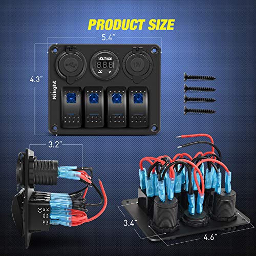Nilight - 90117G 4 Gang Rocker Switch Panel Waterproof Pre-Wired Aluminum Switch Panel with Dual USB Cigarette Lighter Socket Voltmeter12V-24V DC ON Off Switch Panel for Cars Rvs Trucks, Blue - color: Blue, size: 4+3 Gang Dual USB