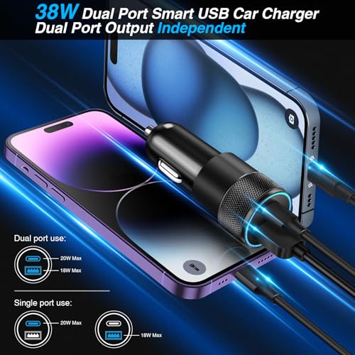 Car Charger, 5Pack 38W Dual Ports USB-C+USB-A Cigarette Lighter Adapter - color: 5-Pack Black