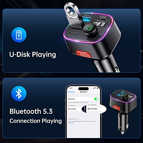SYNCWIRE Bluetooth 5.3 FM Transmitter Car Adapter 38W [Light Switch] [HiFi Bass Sound] [Fast Charging] Wireless Radio Music Adapter LED Display Hands-Free Calling Support USB Drive - color: Black, style: 38W