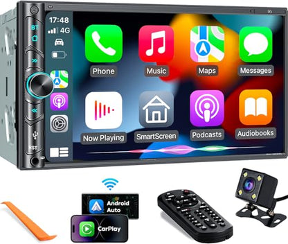 Upgrade Wireless Double Din Car Stereo with Carplay, Android Auto, Bluetooth, 4-Channel RCA, High Power, 2 Subwoofer Ports, 7" HD Capacitive Touchscreen Car Radio, Backup Camera, Audio Receiver - color: Black Wireless Car Stereo