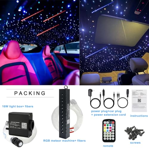 AZIMOM 16W Twinkle & Sound Activate 600pcs*0.03in*13.1ft Fiber Optic Starlight Headliner Kits+RGB Meteor Shooting Star,APP& Remote Control Light Engine End Glow Fiber Strands Home Car Ceiling Décor - size: Meteor+600pcs*0.03in*13.1ft