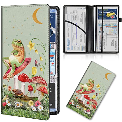 Car Registration and Insurance Card Holder, Premium PU Leather Vehicle Wallet Cover for Glove Box Car Organizer Drivers License / Cards / ID Essentials Document Holder, Aesthetic Mushroom Frog Green - color: Aesthetic Mushroom Frog Green
