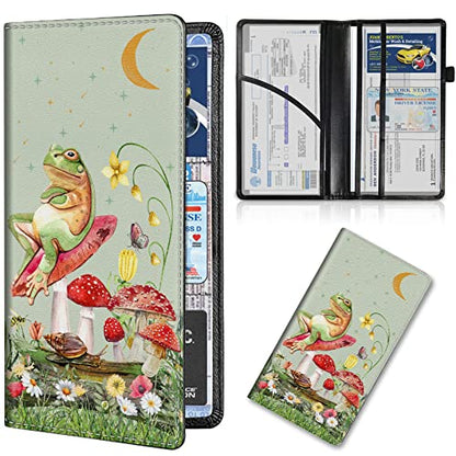Car Registration and Insurance Card Holder, Premium PU Leather Vehicle Wallet Cover for Glove Box Car Organizer Drivers License / Cards / ID Essentials Document Holder, Aesthetic Mushroom Frog Green - color: Aesthetic Mushroom Frog Green