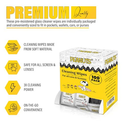 Snoopy Lens Wipes for Eyeglasses (50 Count) Disposable Eye Glasses Cleaner Wipes - Pre-Moistened Cleaner for Phone Screen, Camera & More - Scratch-Free & Streak-Free - 6 x 5 Individually Wrapped - size: 50 Pack