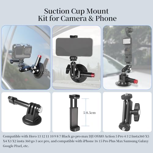 CNC Machined 3in Camera Suction Cup Mount with Adjustable Magic Arm, 1/4" ARRI Holes Quick Release Car Mount with Phone Holder & Action Camera Adapter Compatible with DJI OSMO Pocket 3 Insta360 iPhone - style: 3in