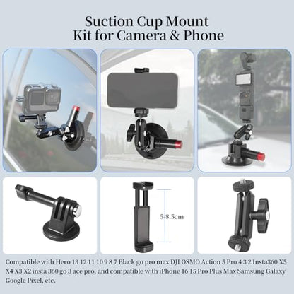CNC Machined 3in Camera Suction Cup Mount with Adjustable Magic Arm, 1/4" ARRI Holes Quick Release Car Mount with Phone Holder & Action Camera Adapter Compatible with DJI OSMO Pocket 3 Insta360 iPhone - style: 3in