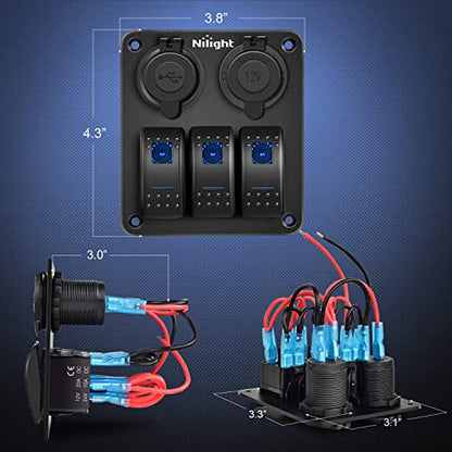 Nilight - 90115C 3 Gang Rocker Switch Panel Waterproof Pre-Wired Aluminum Switch Panel with Dual USB Charger Socket & Cigarette Lighter Socket 12V 24VDC ON Off Switch Panel for Cars Rvs Trucks - color: Blue, size: 3+2 Gang Dual USB