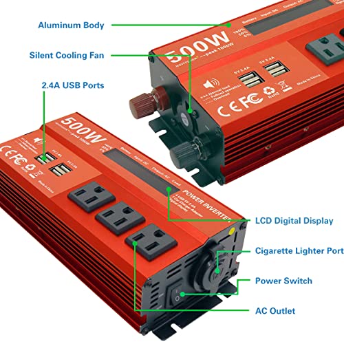 500W Peak 1000W Power Inverter for Vehicles,DC 12V to 110V AC,4 x 2.4A USB Ports car Plug in Adapter Outlet with 1 Cigarette Lighter Ports car Power Inverter - size: 500W